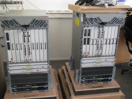Picture by DreamHack Network - The Cisco ASR 9000s being unpacked